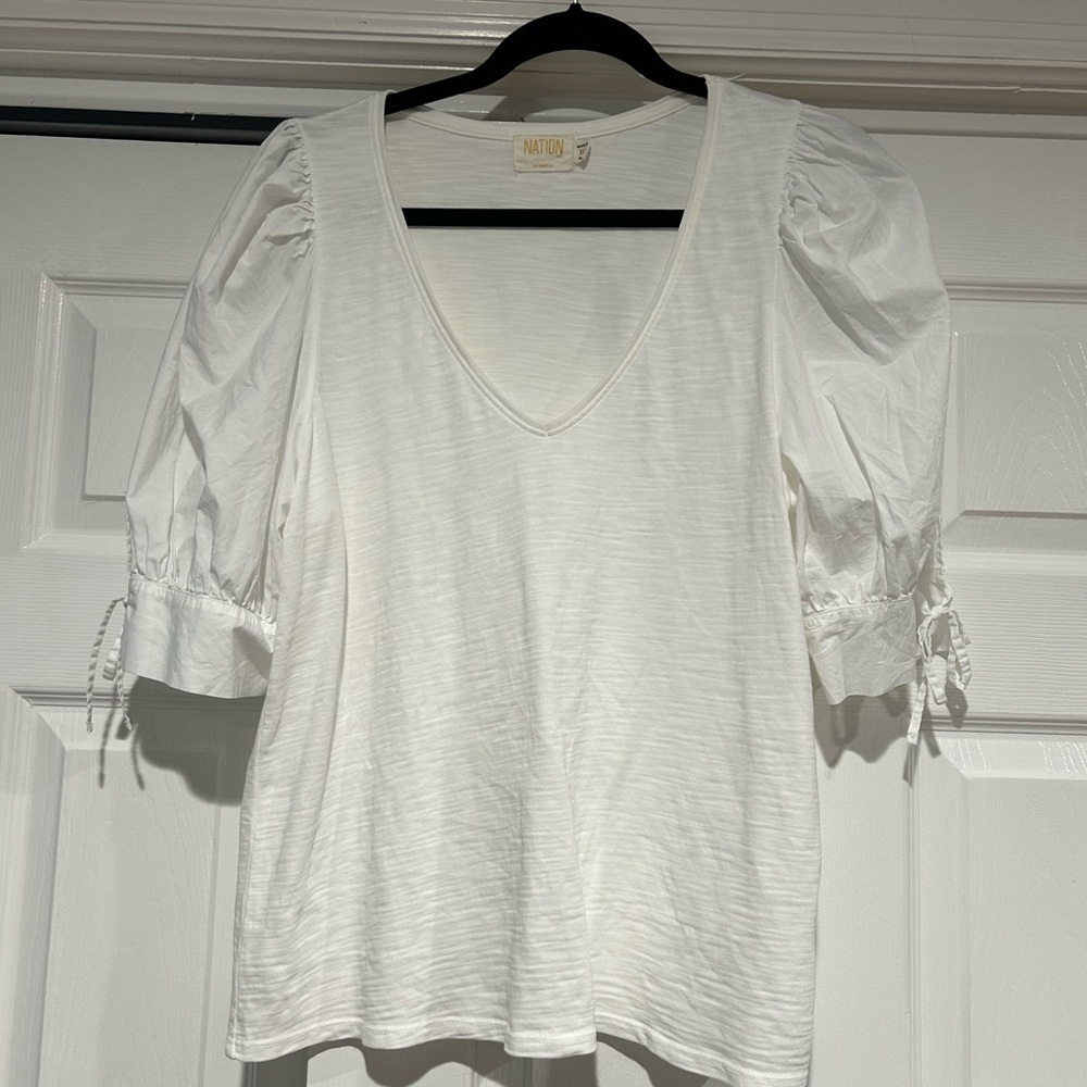 Nation LTD White V-Neck Puff Sleeve Top with Tie Cuffs